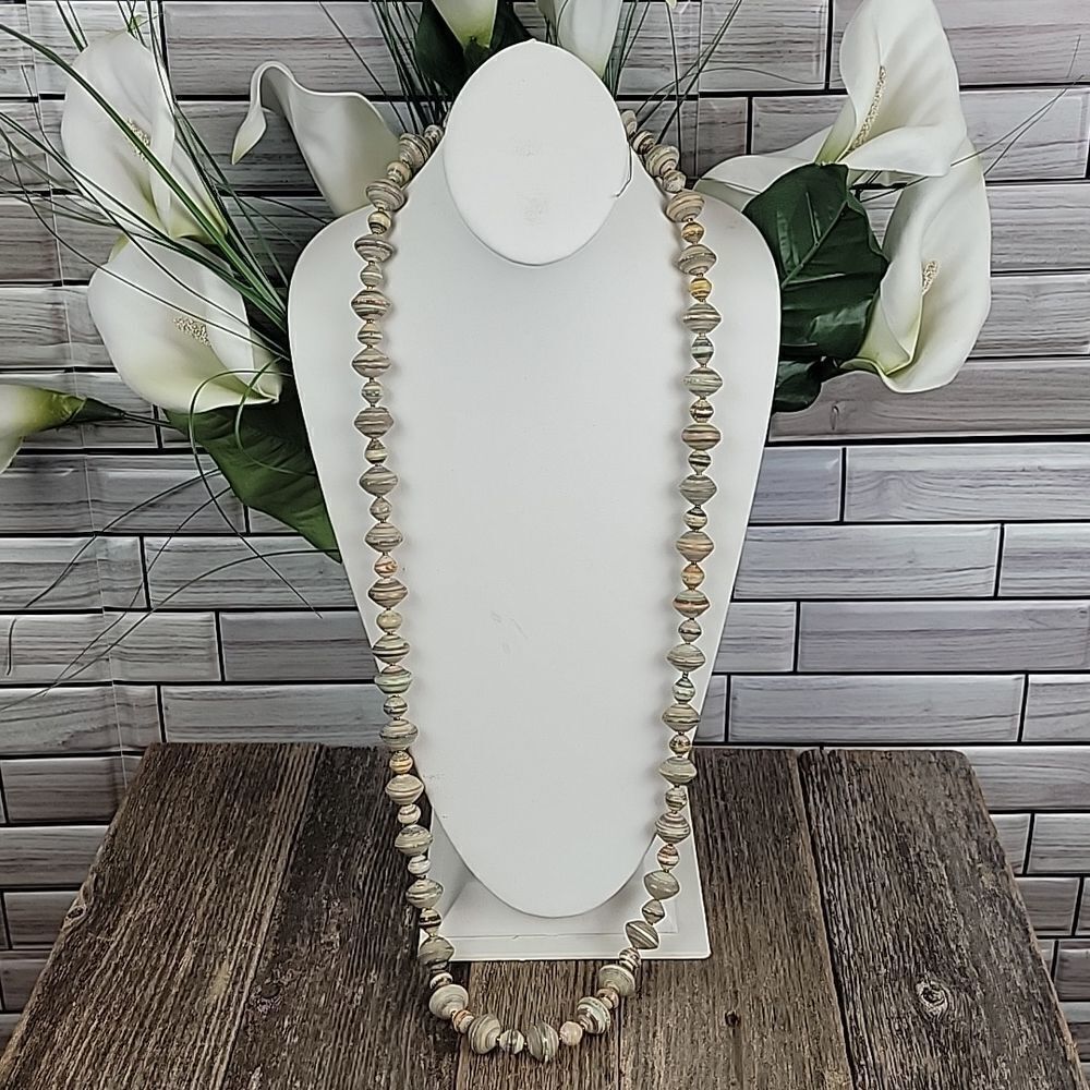 Long Victorian style paper bead necklace  Length 36"